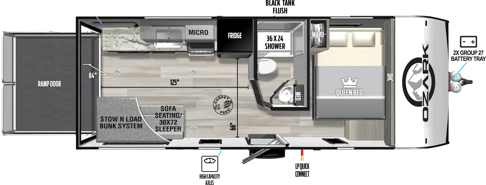 The Ozark 1900THK floorplan is a toy hauler that has one entry and zero slide outs. Exterior features include: metal exterior and 14' awning. Interiors features include: bunk beds and front bedroom.